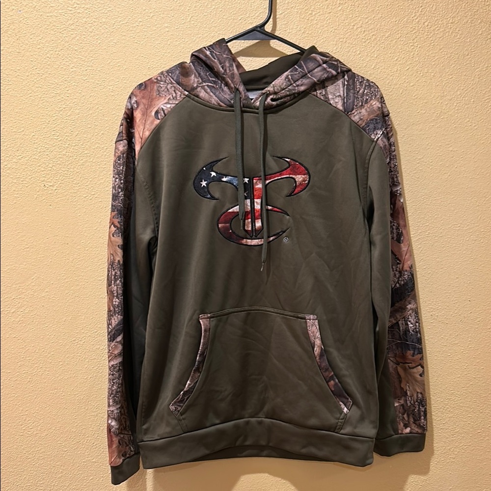 Green and Brown Camo Sweatshirt with Graphic Design